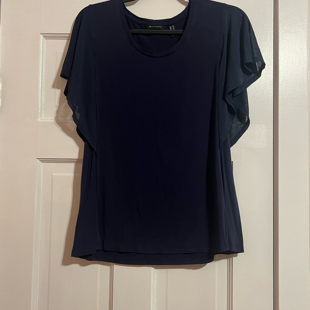 #40 H BY HALSTON • NAVY TOP • SHEER FLOWY SLEEVES